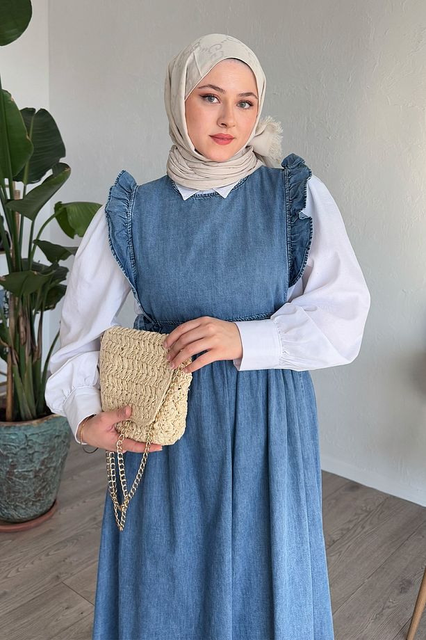 Frida Omuzu Fırfırlı Kot Jile Elbise - Mavi - 2