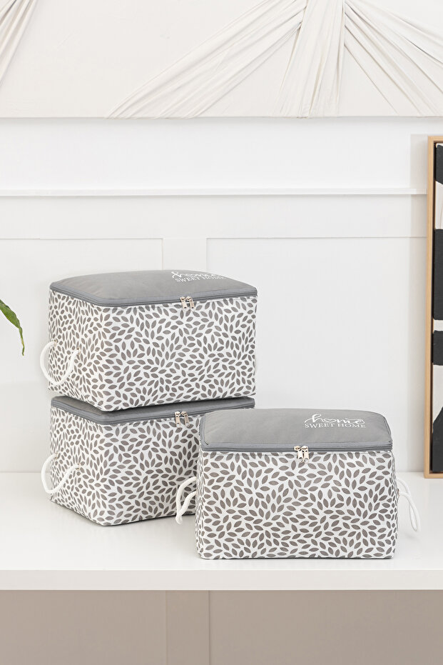 3-Piece Gray Home Sweet Home Printed Small Size Under-Bed Storage Bag, Suitcase Organizer Bag / 30X22X18