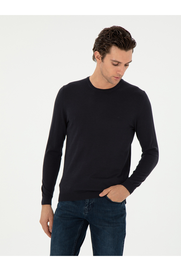 Navy Blue Slim Fit Cashmere Silk Blend Crew Neck Knitwear Sweater 50293273-Vr033