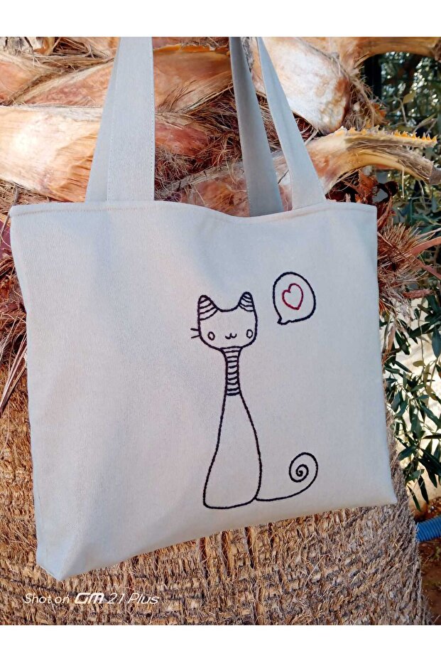Cute Cat Embroidery Motif Gray Cloth Shoulder Bag