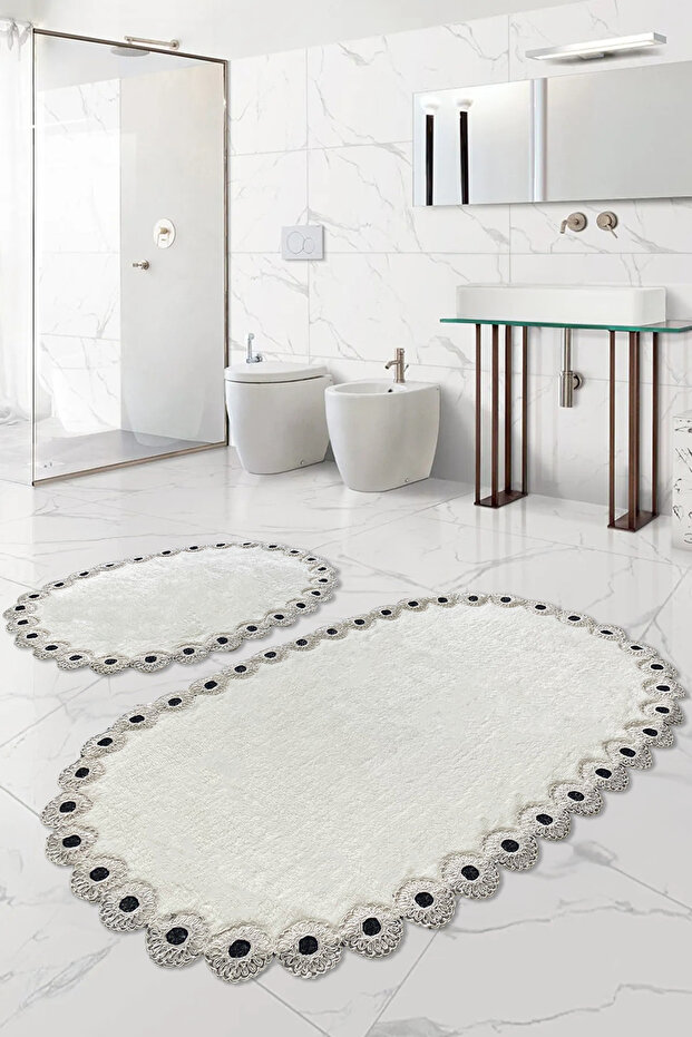 Gülruba Oval Cream Dowry Lace 2-Piece Bath Mat Set Non-Slip Base Toilet Seat