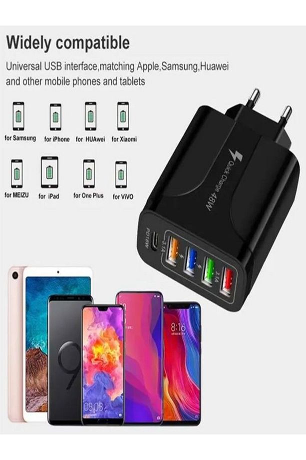 Quick Charge 48W 4 USB + 18W Pd Çoklu Şarj Başlığı Type C Girişli Hızlı Şarj Adaptörü A501-1 - 2