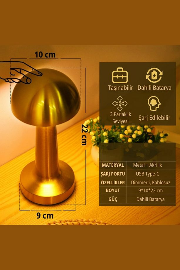 Gold Şarjlı Dokunmatik Masa ve Gece Lambası- Dimmerli ve Enerji Tasarruflu LED Işık Aydınlatma - 3