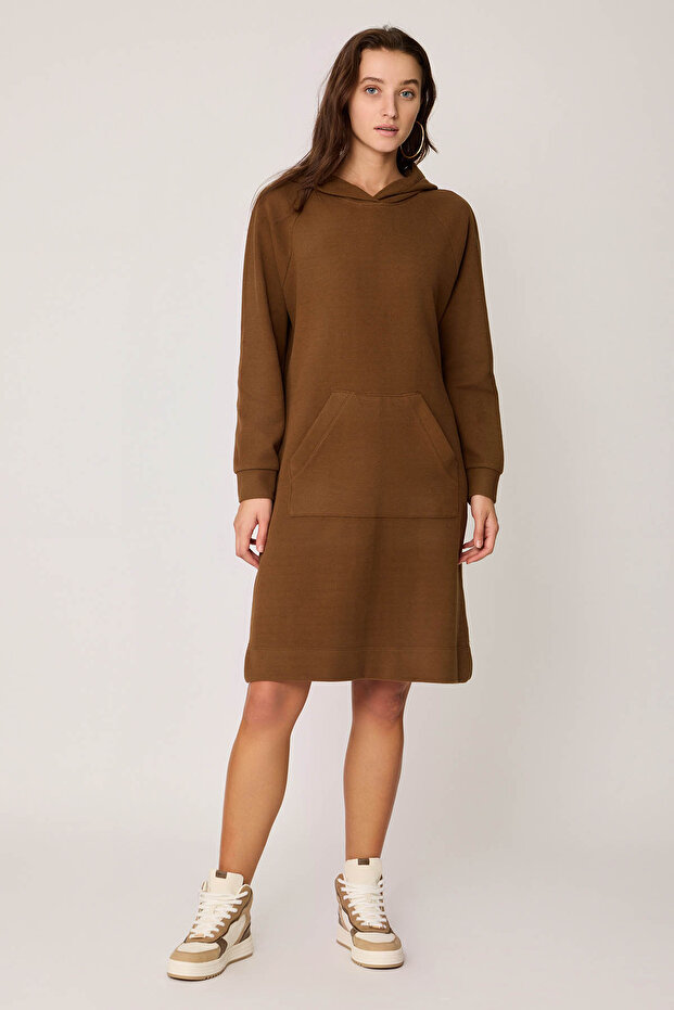 Kapüşonlu Önü Cepli Örme Elbise - 1