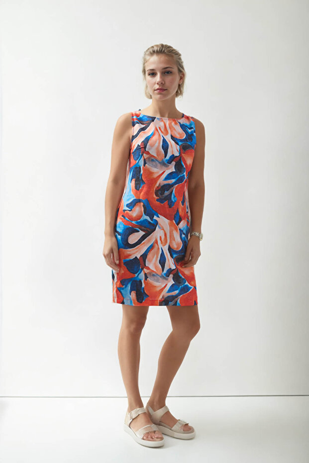 فستان كتان منقوش بأكمام صفر - 3