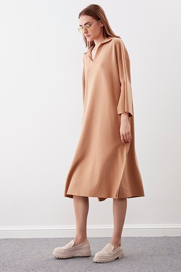 V Yaka Örme Elbise - 3