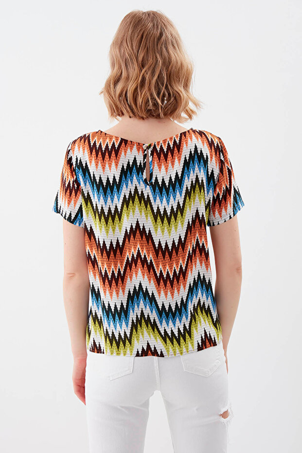 Zigzag Desen Kısa Kol Bluz - 5