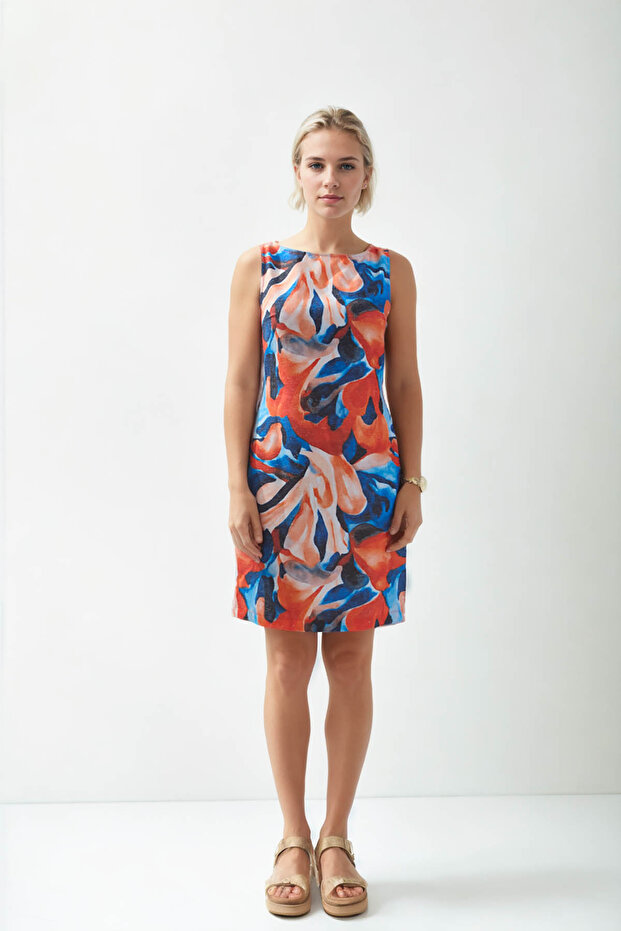 فستان كتان منقوش بأكمام صفر - 2