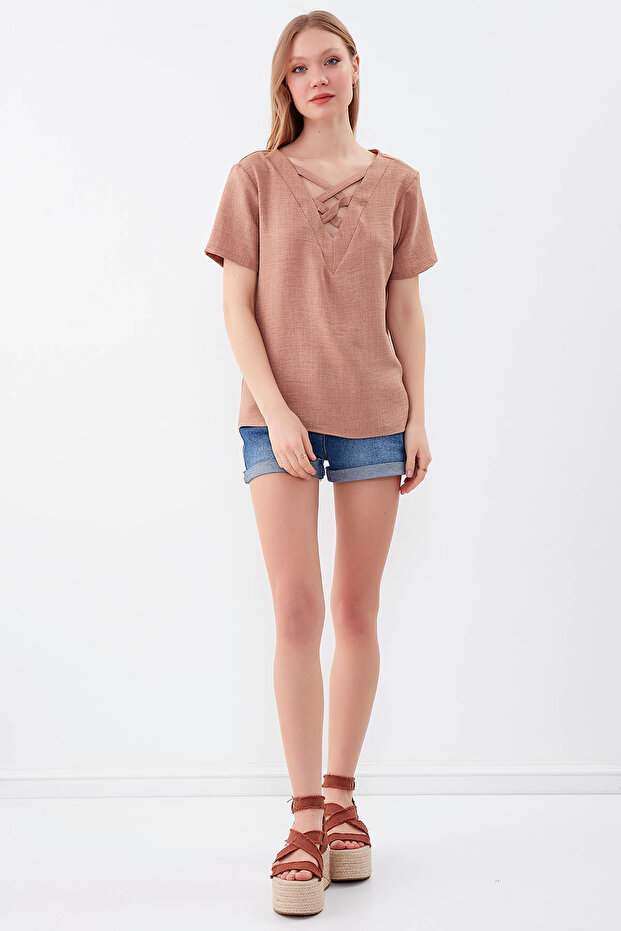 Önü Çapraz V Yaka Bluz - 1