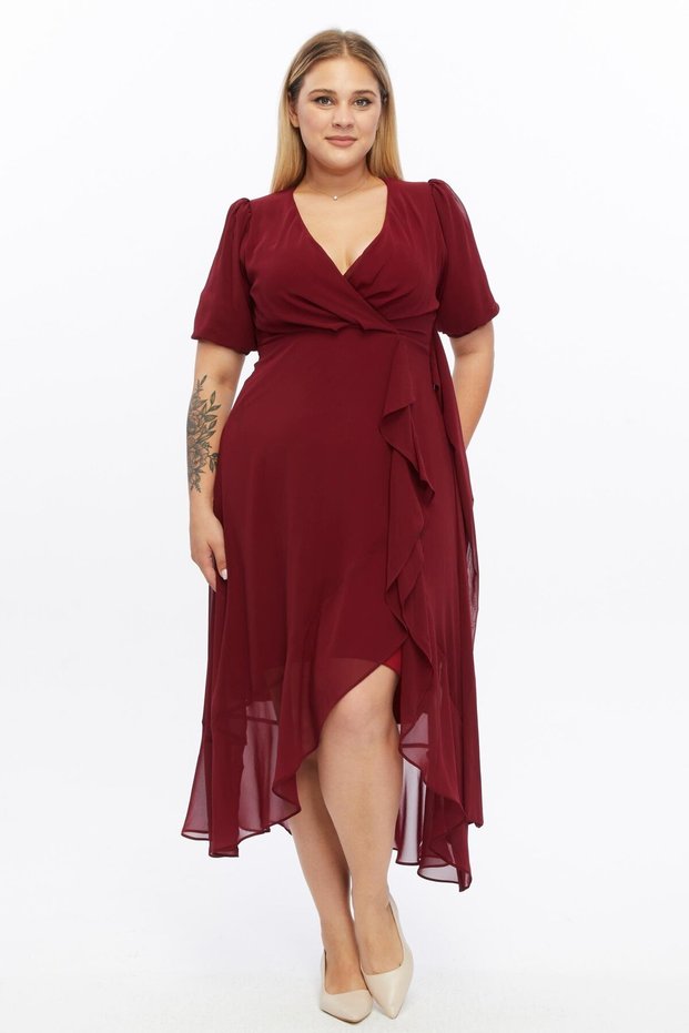 Apsen Women's 4495/130 Double-Breasted Collar Belted Flounce Detailed Plus Size Burgundy Chiffon Dress