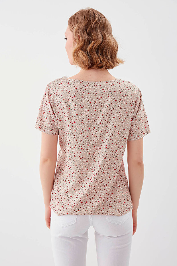 Çiçekli V Yaka Bluz - 5