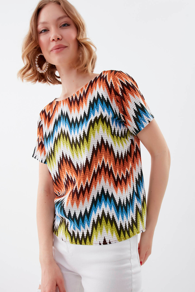 Zigzag Desen Kısa Kol Bluz - 2