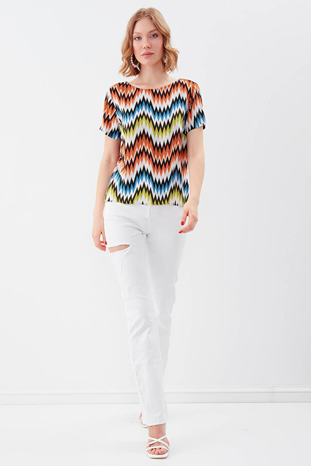 Zigzag Desen Kısa Kol Bluz - 4