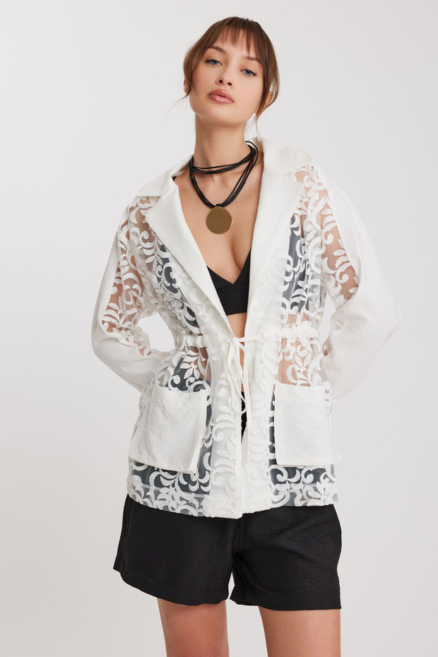 سترة شفافة منقوشة بخصر مربوط - 1