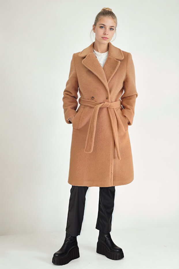 Belted Waist Buttoned Long Coat - 1