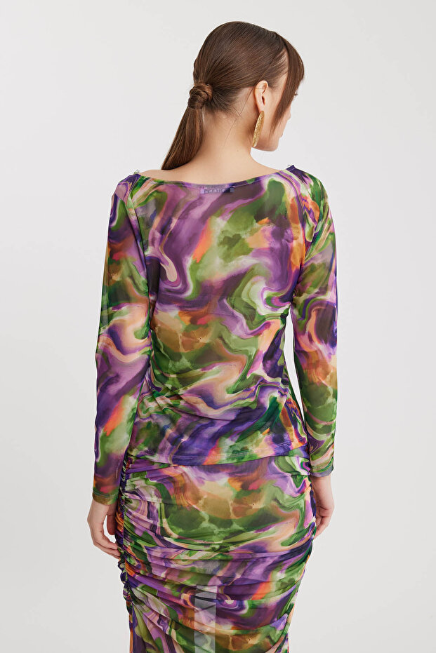 Wide Collar Patterned Tulle Blouse - 5