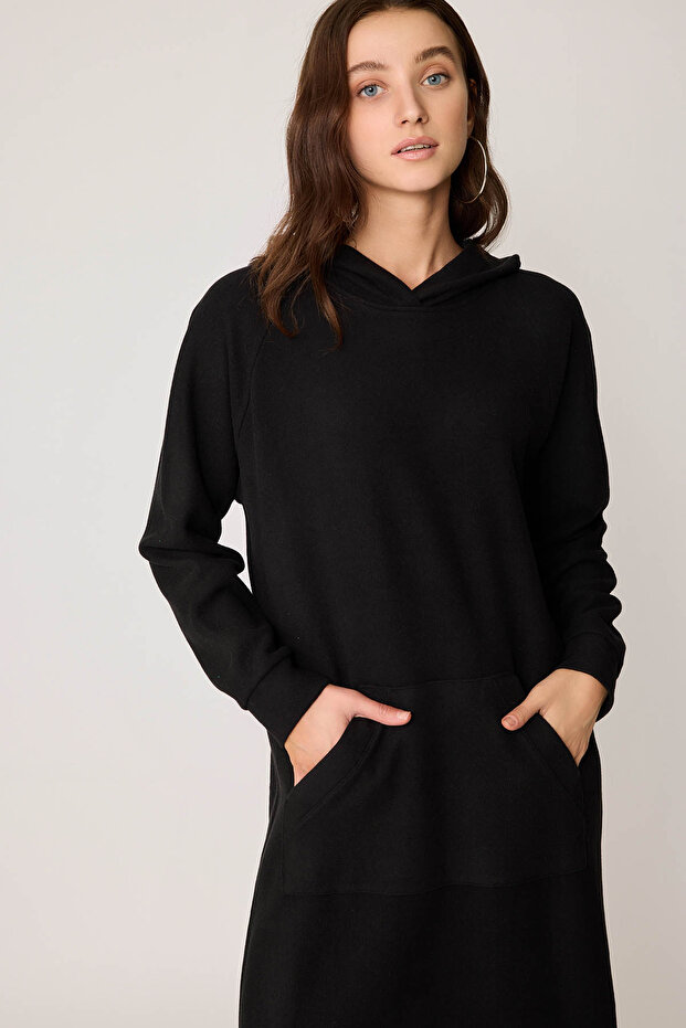 Kapüşonlu Önü Cepli Örme Elbise - 3