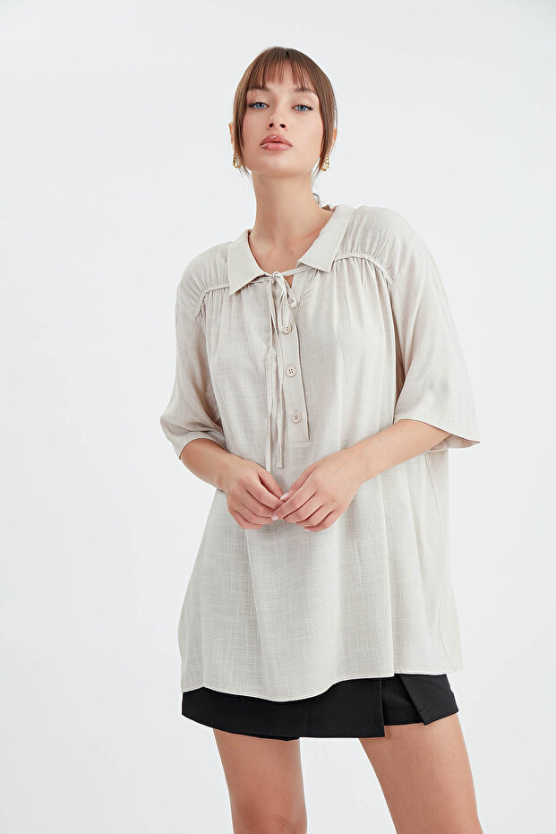 Önü Düğmeli Bağlamalı Bluz - 1