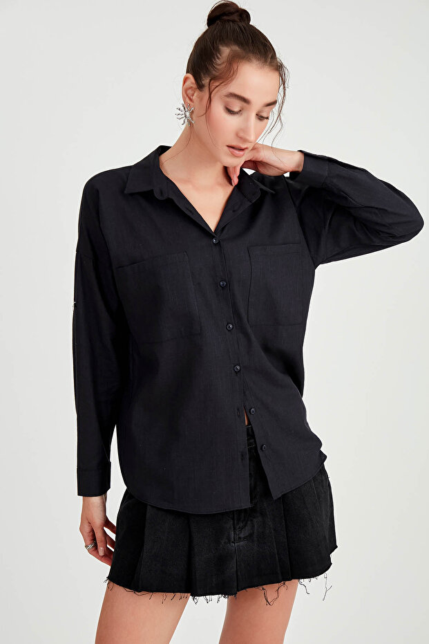 Basic Oversize Önden Cepli Gömlek - 1