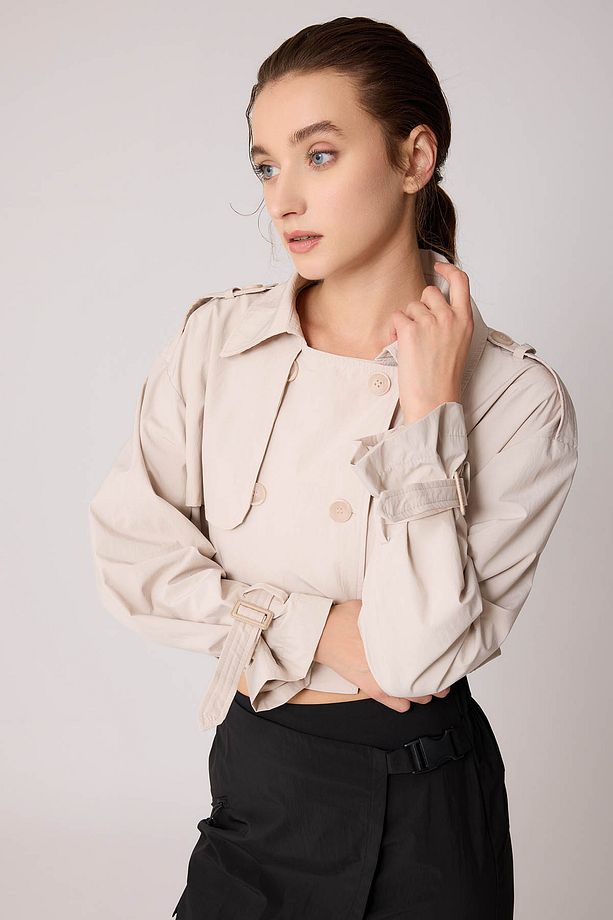 Astarlı Önü Düğmeli Crop Trençkot - 3