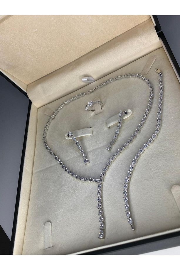 Kadın Gümüş Set - Açela Zirconia Taşlı Su Yolu • Işıklı Kutuda • Düğün • Nişan • Gelin Seti Takımı - 6
