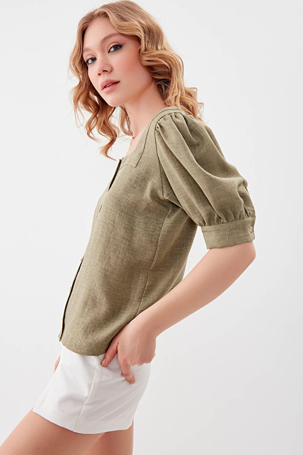 U-الرقبة بالون زر الكم بلوزة - 3