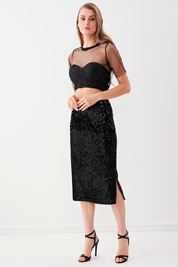 Yanı Yırtmaçlı Pullu Kalem Etek - 3