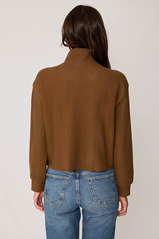 Dik Yaka Fermuarlı Örme Sweatshirt - 5