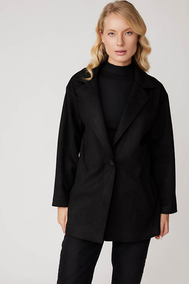 Single Button Pocket Suede Jacket - 4