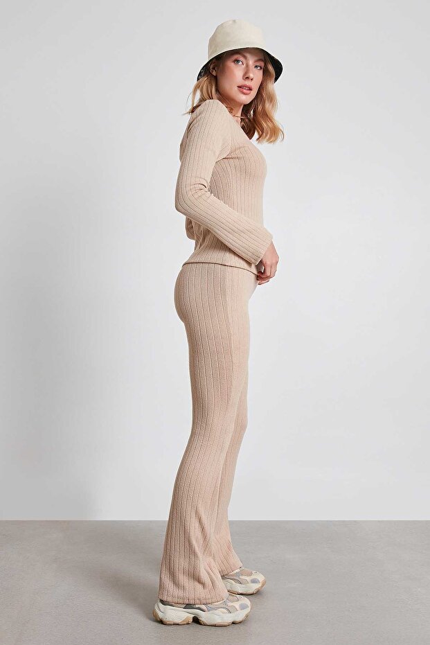 Çizgili Örme Kumaş Rahat Pantolon - 4