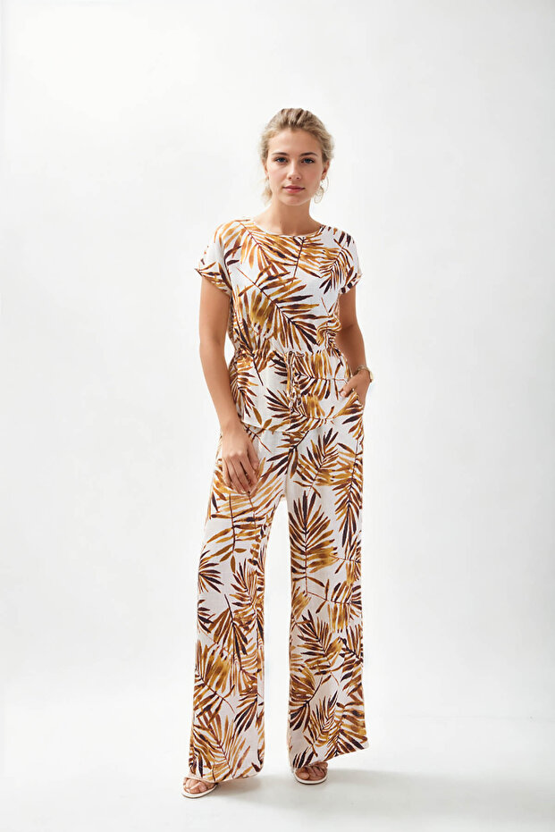 Leaf Patterned Waist Drawstring Blouse - 2