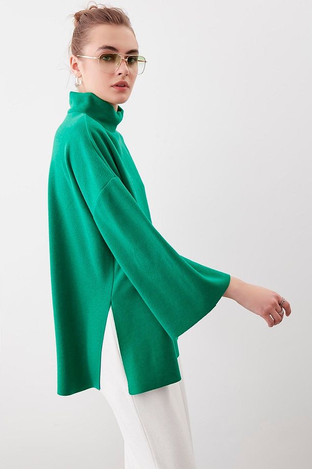 Düşük Kol Yakalı Yanlar Yırtmaçlı Örme Oversize Bluz - 2