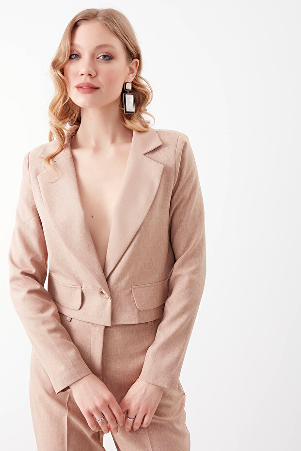 Single Button Crop Jacket with Flap Pocket - 4