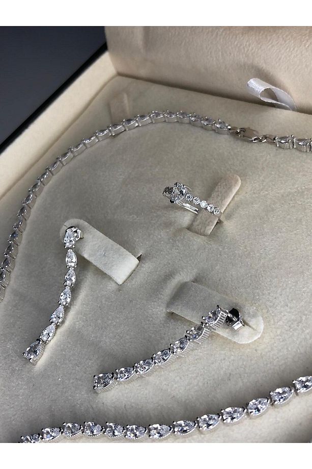 Kadın Gümüş Set - Açela Zirconia Taşlı Su Yolu • Işıklı Kutuda • Düğün • Nişan • Gelin Seti Takımı - 4