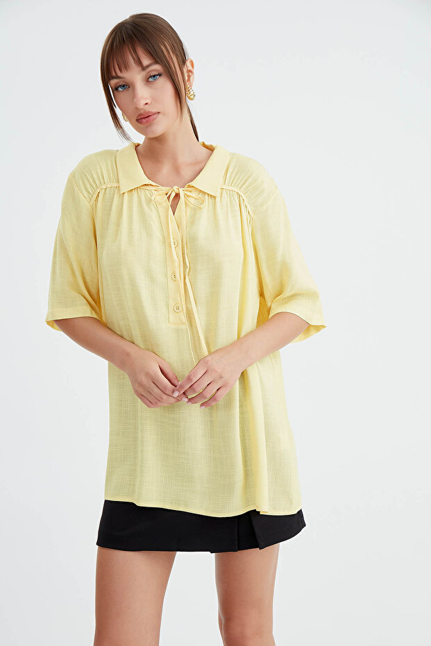 Önü Düğmeli Bağlamalı Bluz - 1