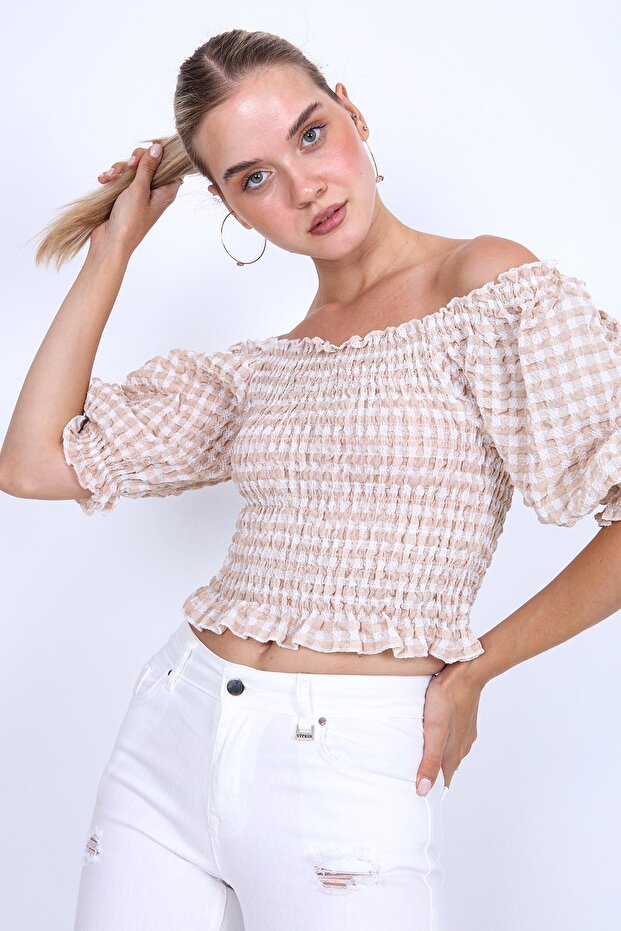 Gingham Pattern Glitter Blouse - 3