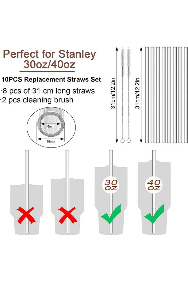 8 adet Stanley için Düz cam pipet, 2 adet fırça 31 cm , Stanley Adventure Quencher uyumlu (8 düz) - 2