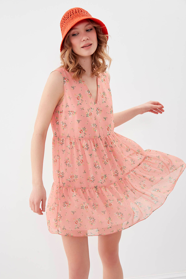 Çiçekli Şifon Elbise - 1