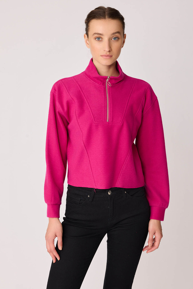 Dik Yaka Fermuarlı Örme Sweatshirt - 1