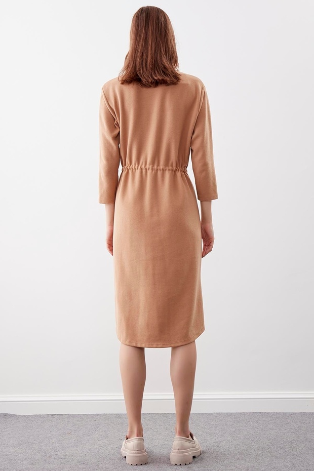 Düğmeli Beli Büzgülü Örme Elbise - 5