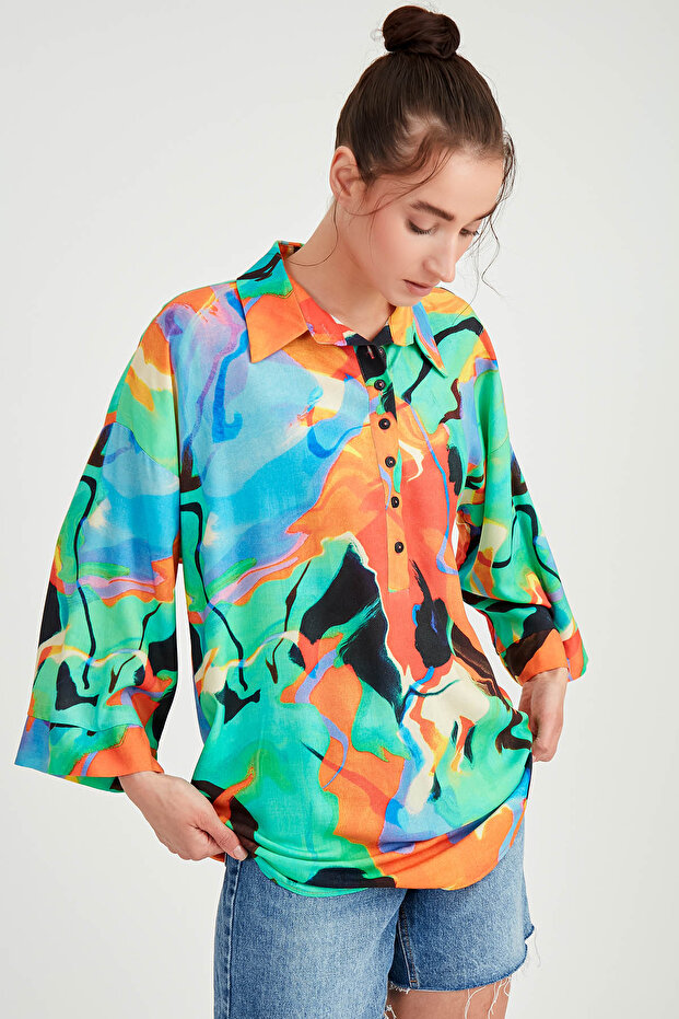 Low Shoulder Patterned Oversize Blouse with Buttoned Front - 5