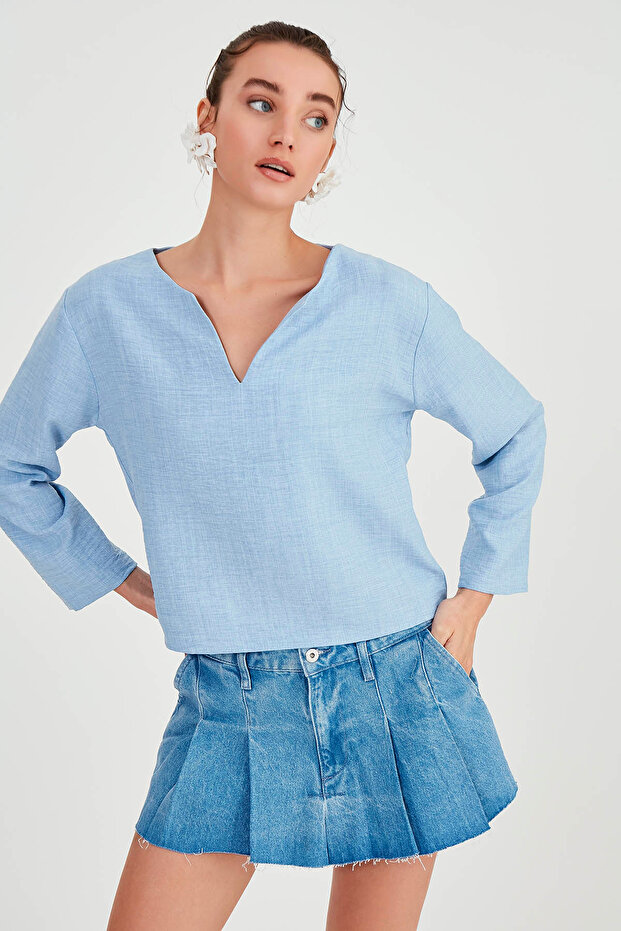 Vitrin Low Shoulder Judge Collar Blouse- Trendyol