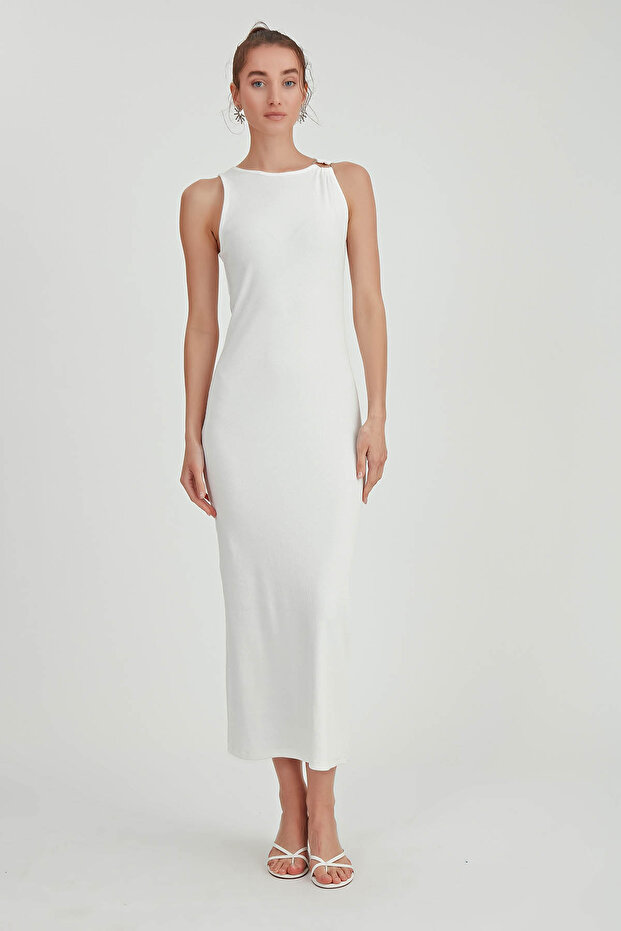 Omuzu Tokalı Uzun Örme Elbise - 2