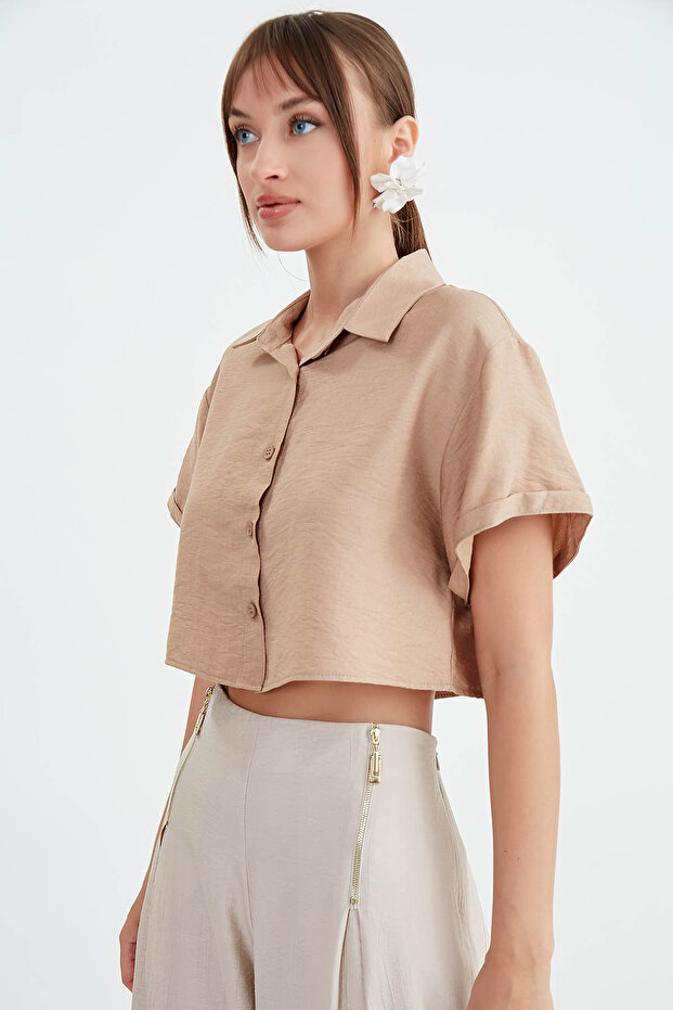 Düşük Omuz Crop Gömlek - 4