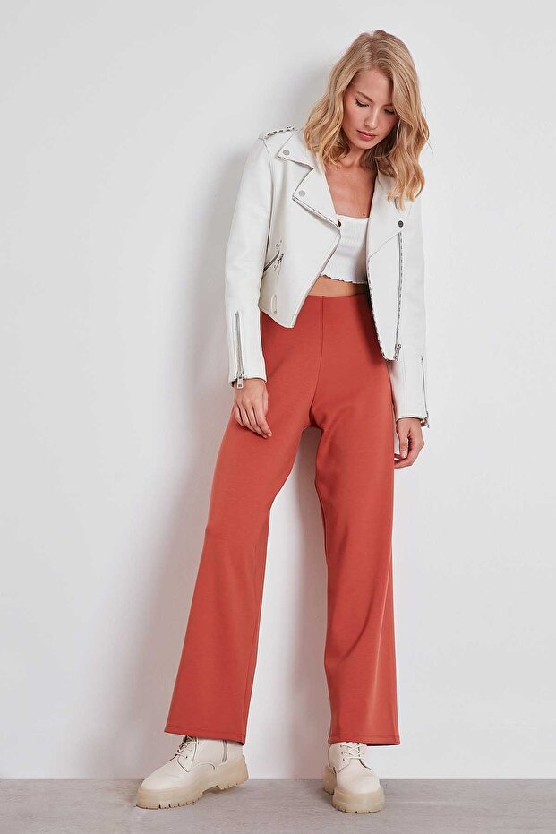 Yüksek Bel Bol Paça Örme Pantolon - 2