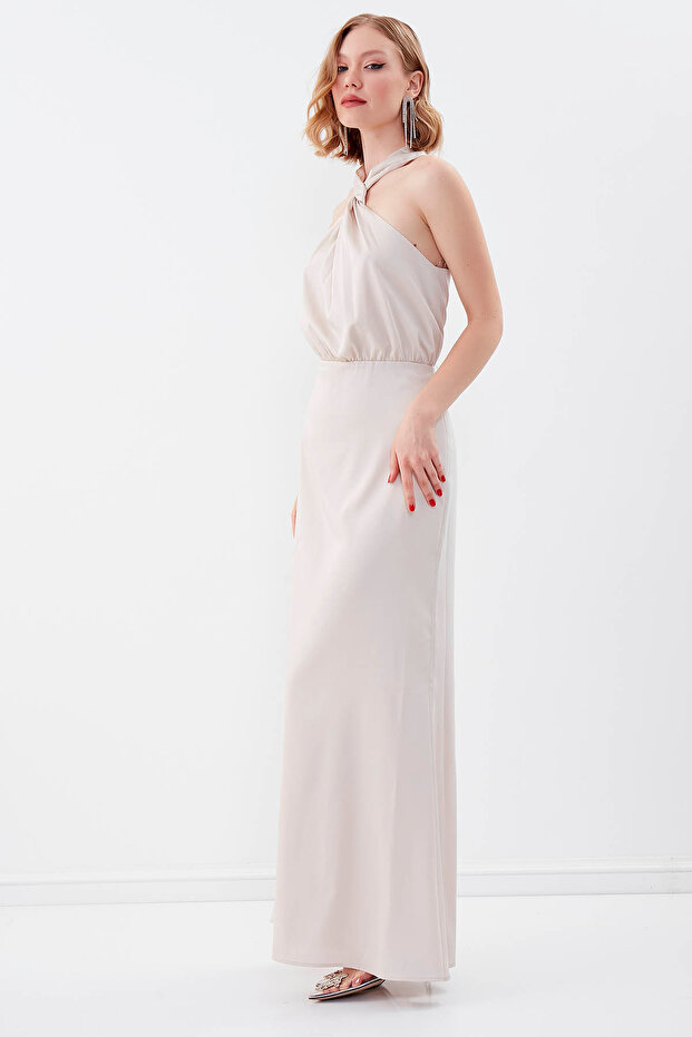 فستان طويل مبطن برقبة رسن - 4