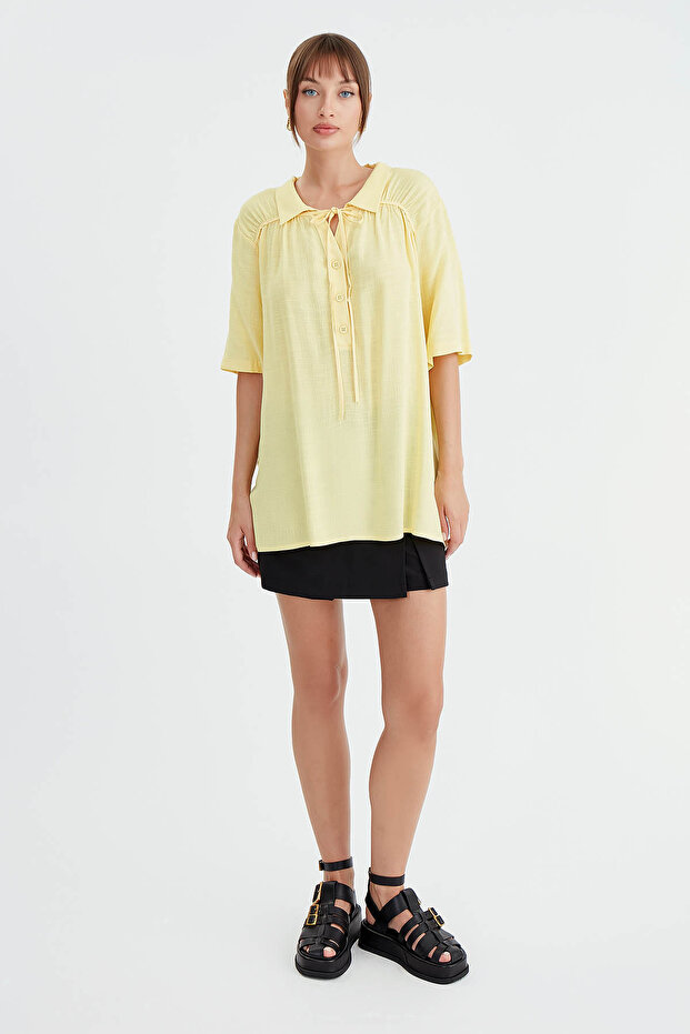 Önü Düğmeli Bağlamalı Bluz - 2