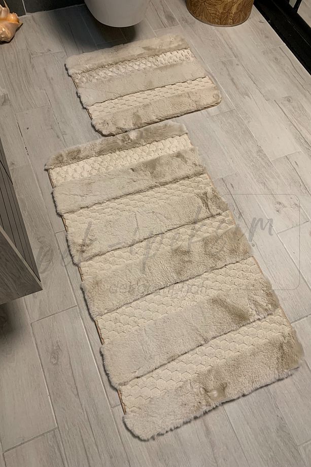 Özel Üretim Luxury 2li Tavsan Tüy Paspas Seti Dokuma Taban Yıkanabilir Yüksek Kalite Taş Renk - 3