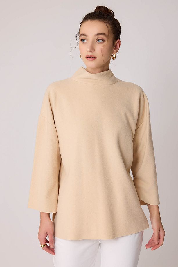 Düşük Kol Yakalı Yanlar Yırtmaçlı Örme Oversize Bluz - 3