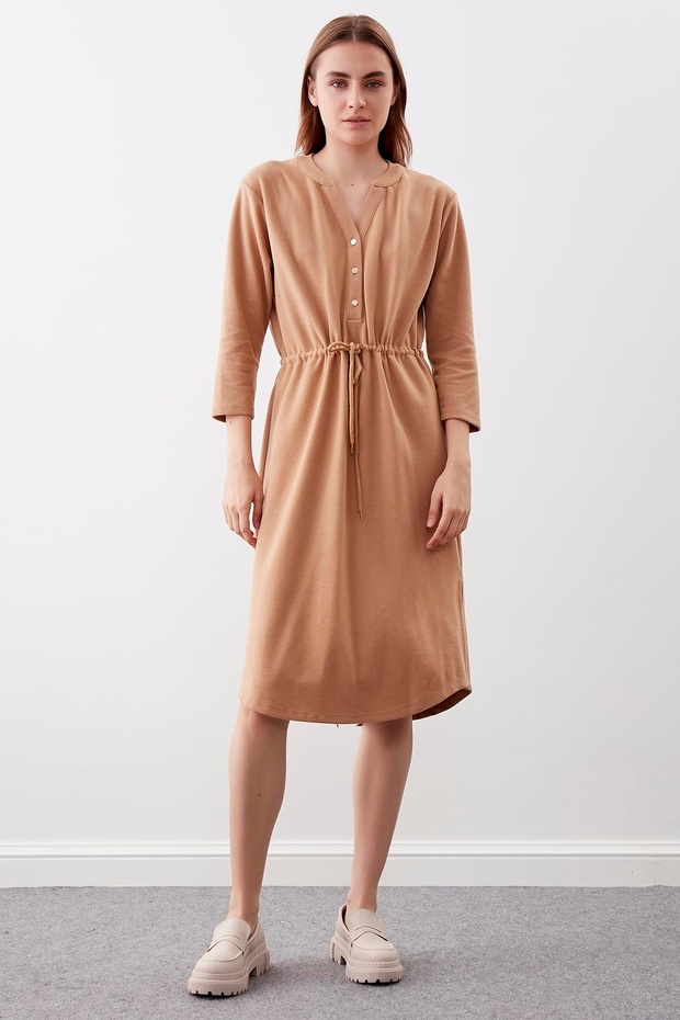 Düğmeli Beli Büzgülü Örme Elbise - 2